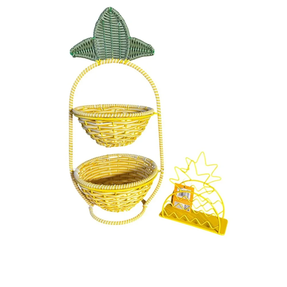 Yellow Pineapple Two-Tier Basket Stand & Matching Metal Napkin Holder Summer NEW
